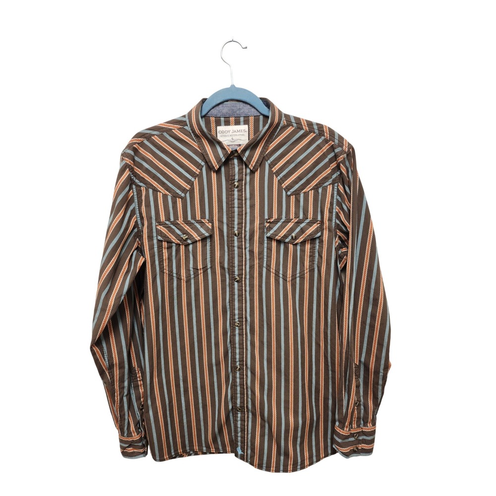 Cowboy Cody James Mens Western Stripe Long Sleeve Snap Shirt Brown Blue Orange